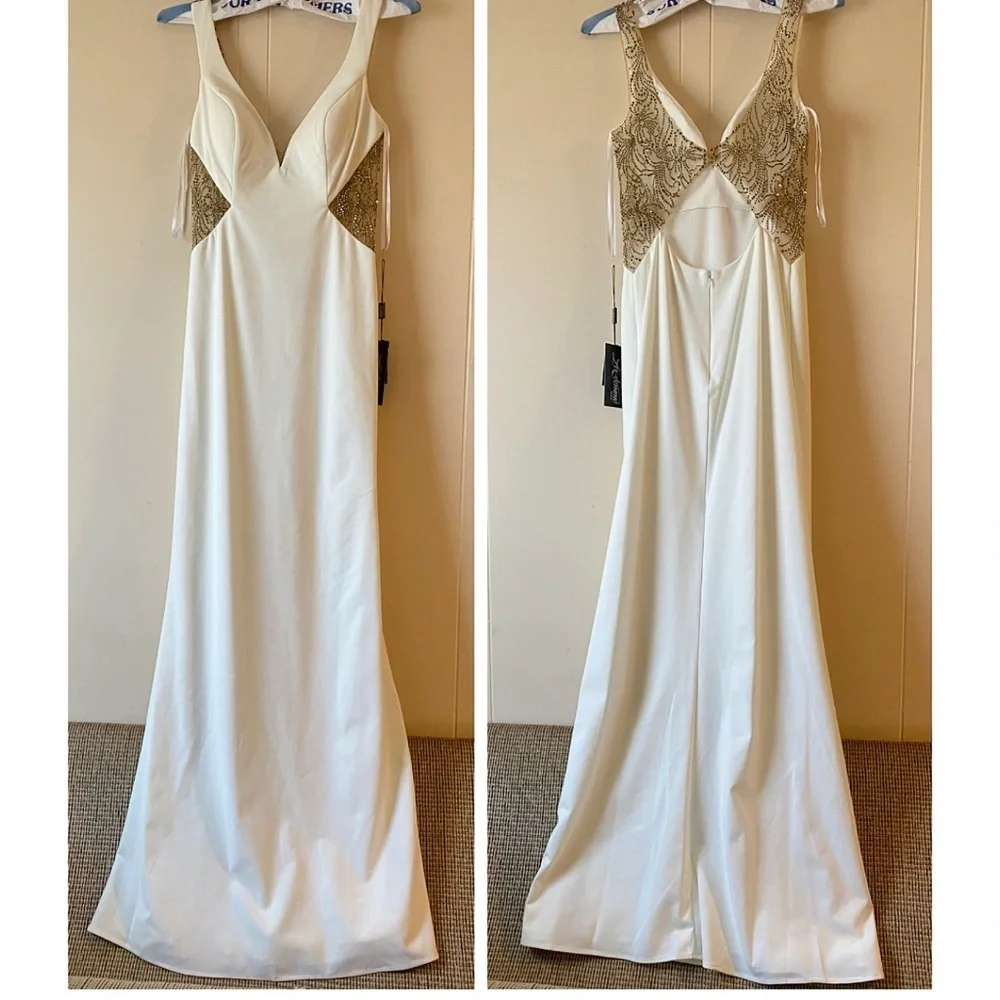 La Femme Stunning Ivory White Embellished Dress Gown